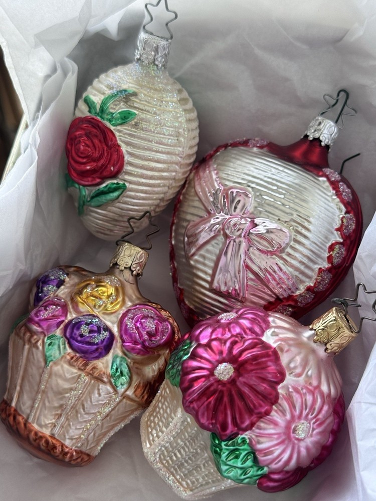 Vintage Inge Glas LOT Hand Blown Flowers Mercury Glass Christmas Ornaments