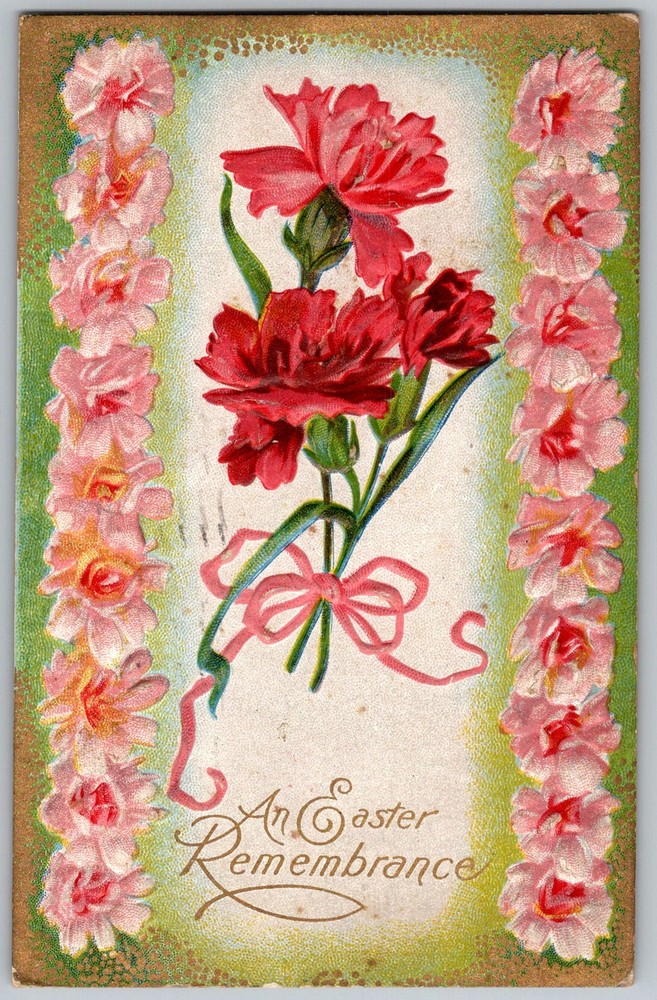 Antique Postcard Easter Remembrance Carnation Bouquet Akron, OH 1910s