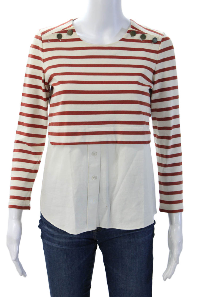Veronica Beard Women Cropped Button-Up Striped Red Blouse Long Sleeve Size SFree Shipping in US $100+ Orders | $6.95 Orders Below
