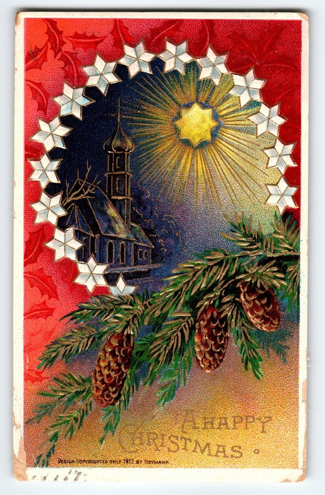 Vintage 1912 Christmas Postcard Church Pinecones & Star Design Heymann