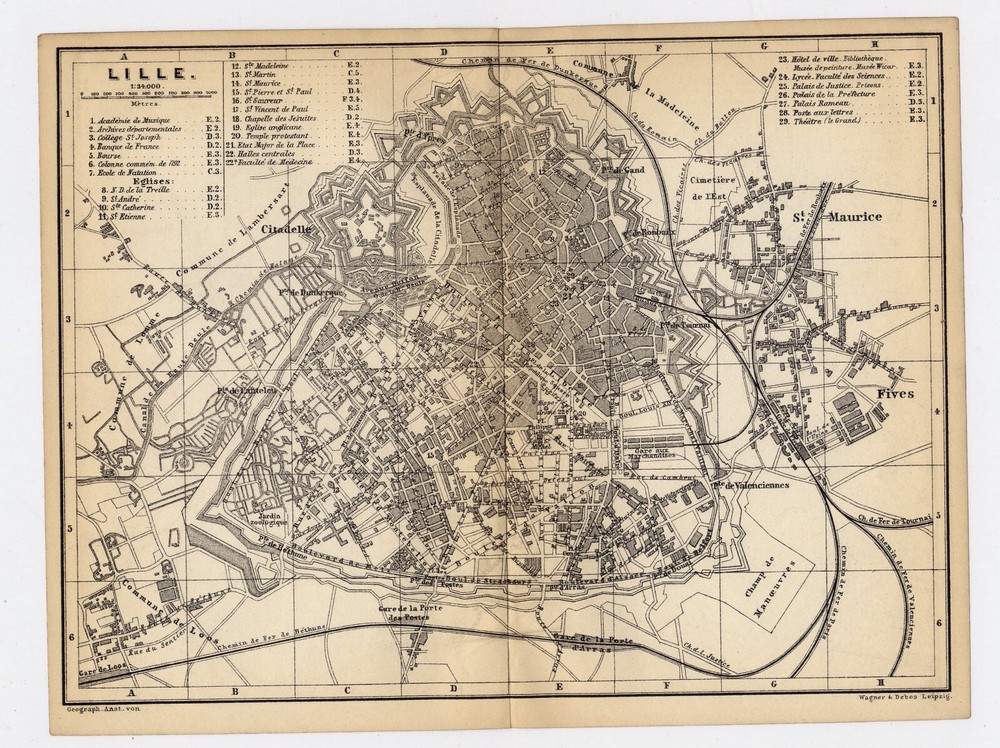 1885 Antique City Map Of Lille / France