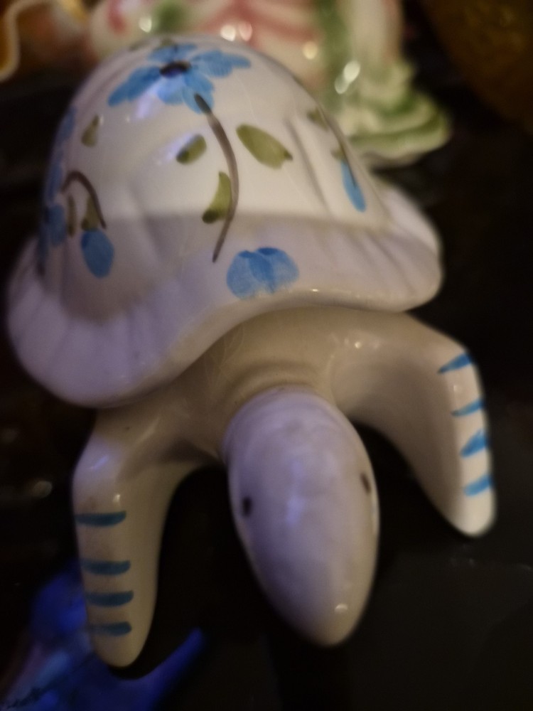 Vntg Ceramic Turtle Trinket Box Floral Porcelain Lid Tortoise Portugal Planter