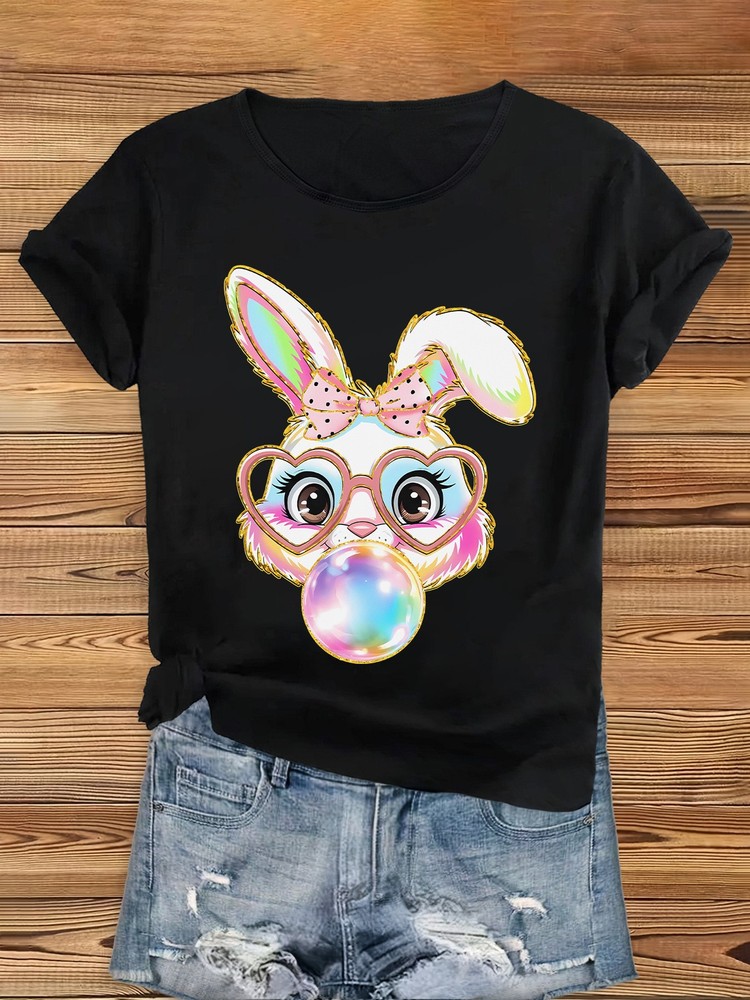 Women‘s Cute Bunny Heart Glasses Bubble Graphic T-Shirt Easter Casual Tee