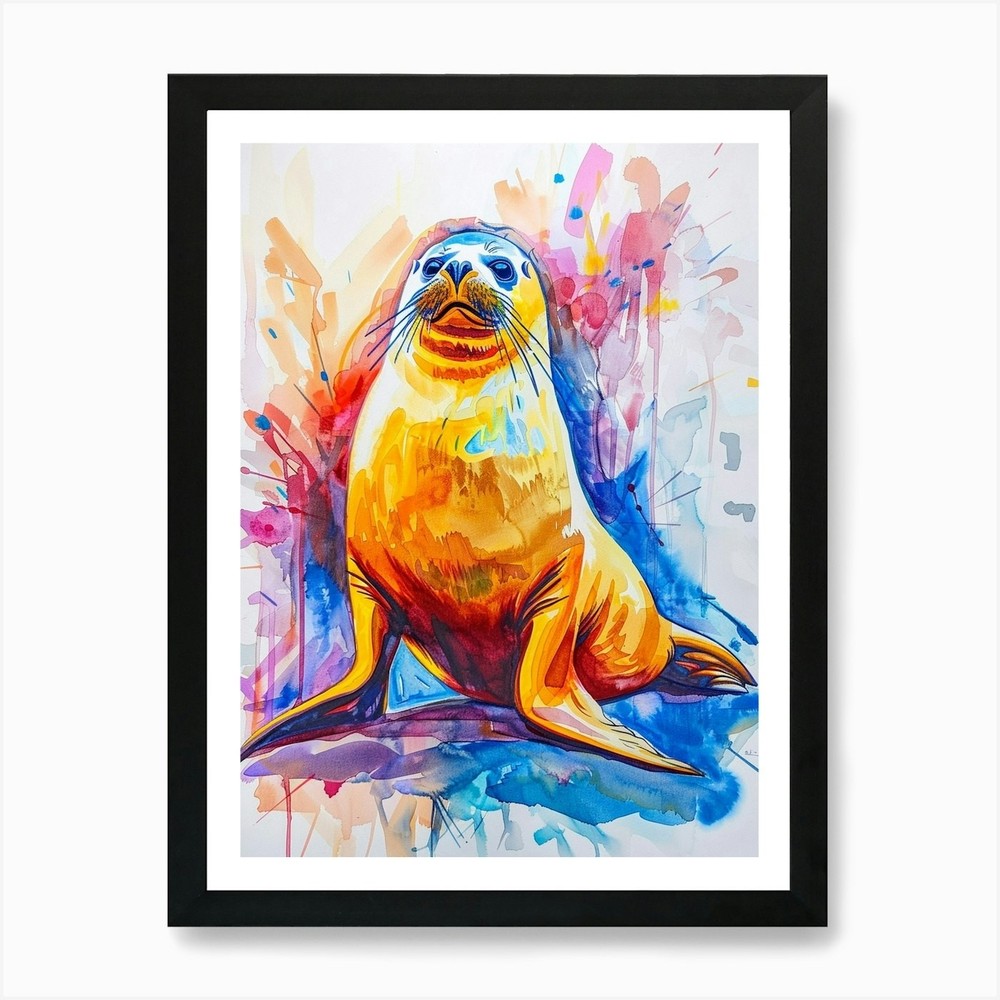 Harp Seal Colorful Watercolor Framed Wall Art Canvas Print
