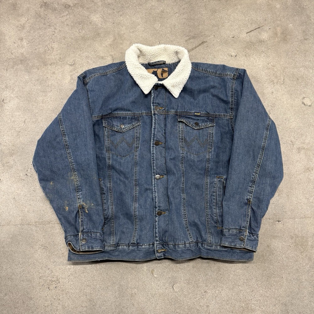 Wrangler Men's XL Blue Sherpa Lined Denim Jacket Button Mid-Length Pockets
