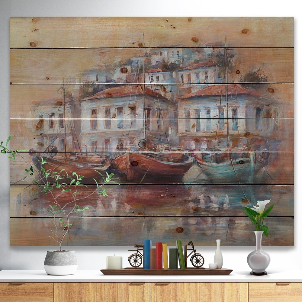 Designart 'Calm Sea with boats in Harbor' Sea & Shore Print  Small