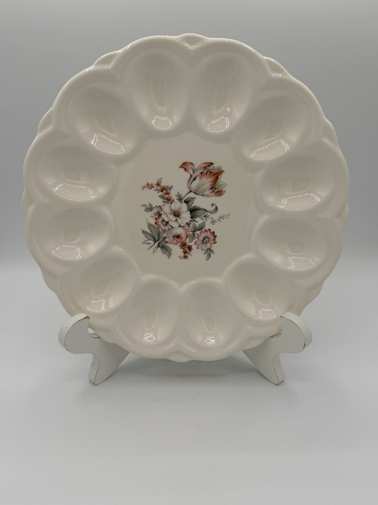 Vintage White Multicolor Floral Ceramic Round Deviled Egg Plate, Glossy Finish