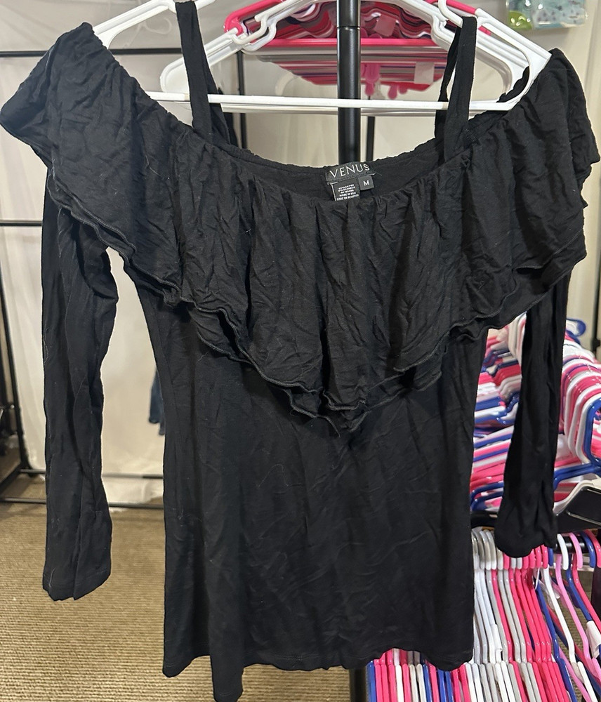 VENUS Black Off-the-Shoulder Ruffle Long Sleeve Blouse Knit Size M