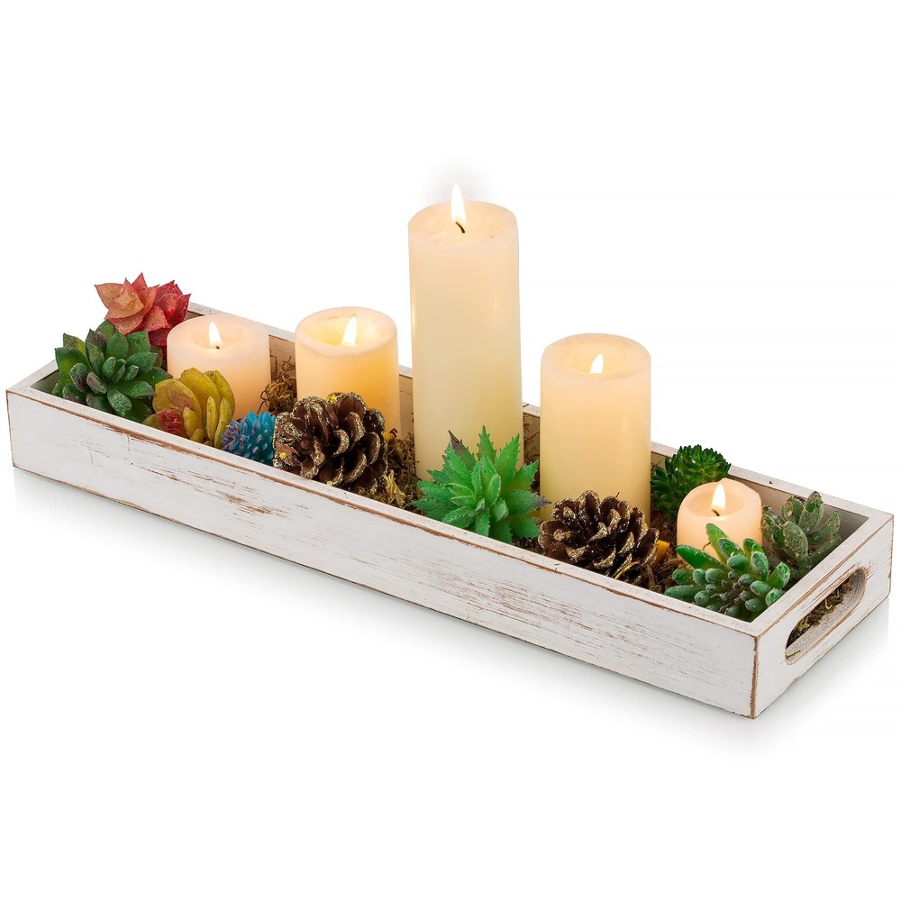 Rustic Farmhouse Long Narrow Wooden Serving Tray for Decorative Centerpiece Display