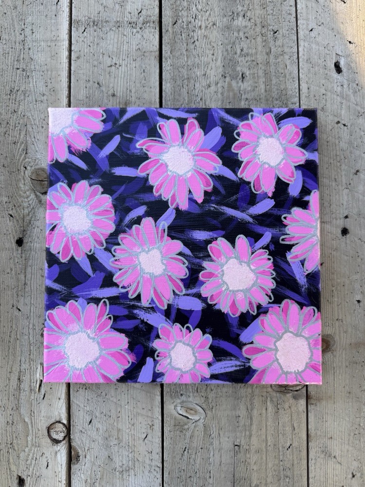 Pink and Purple Abstract Flowers Painting Acrylic On Canvas 10 x 10