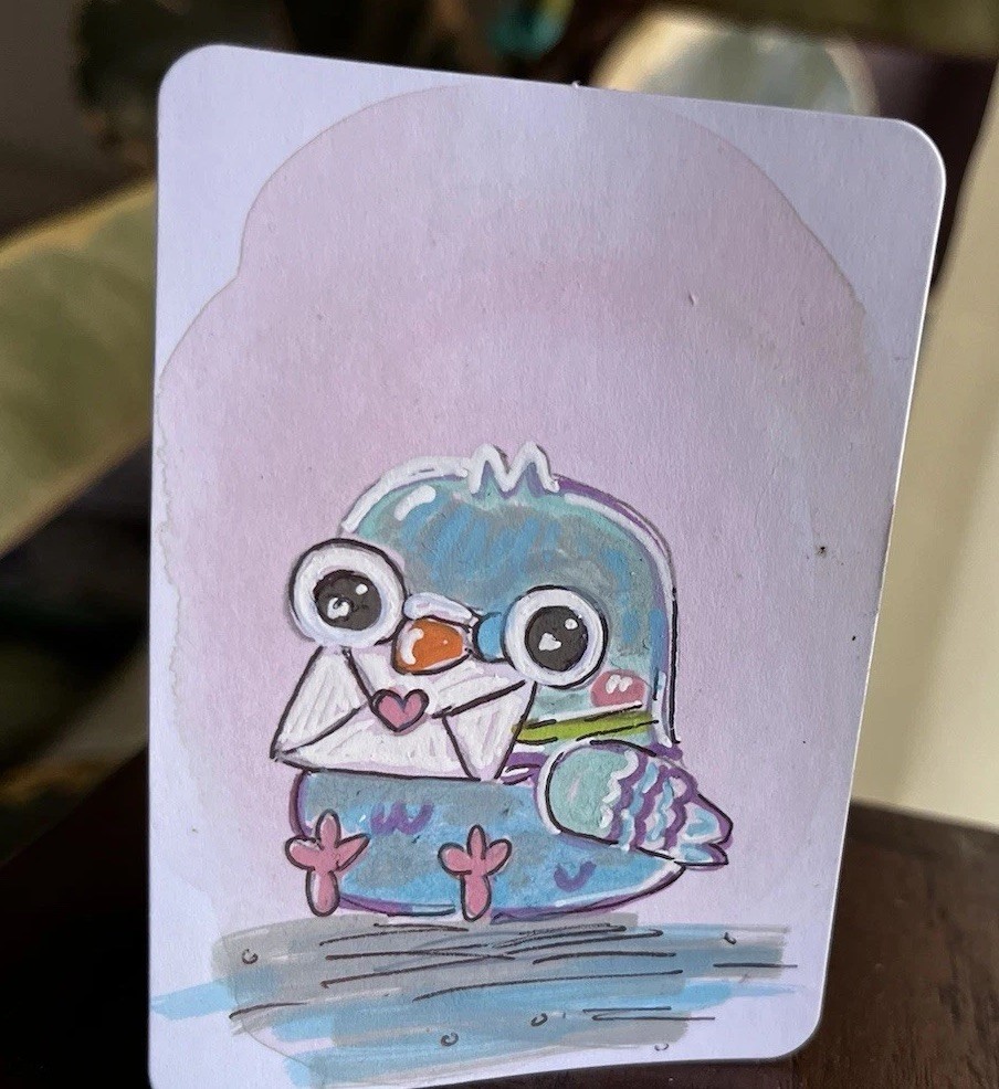 ACEO Original Baby Pigeon Donut With Mail ATC OOAK Acrylic Pop Art Cachetmaison