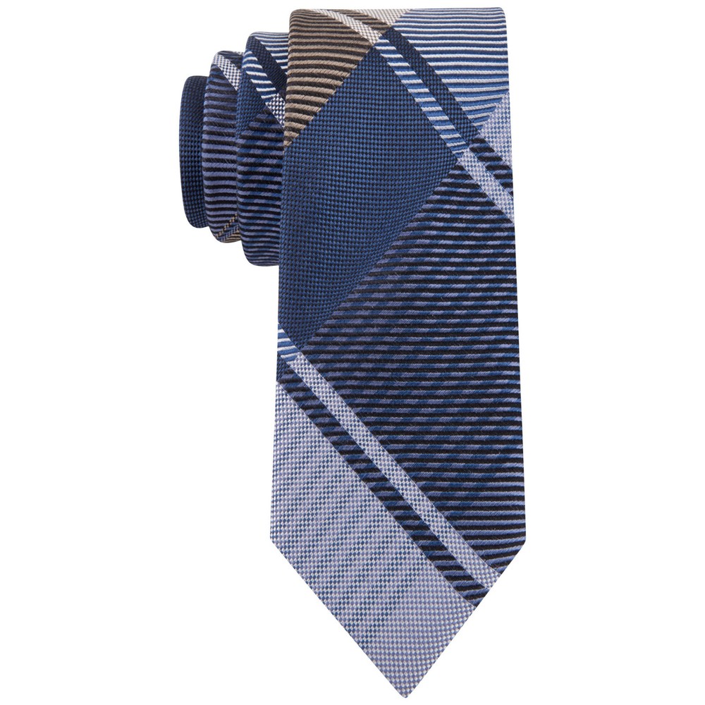 KENNETH COLE REACTION Blue Brown Cord Plaid Silk Slim Tie