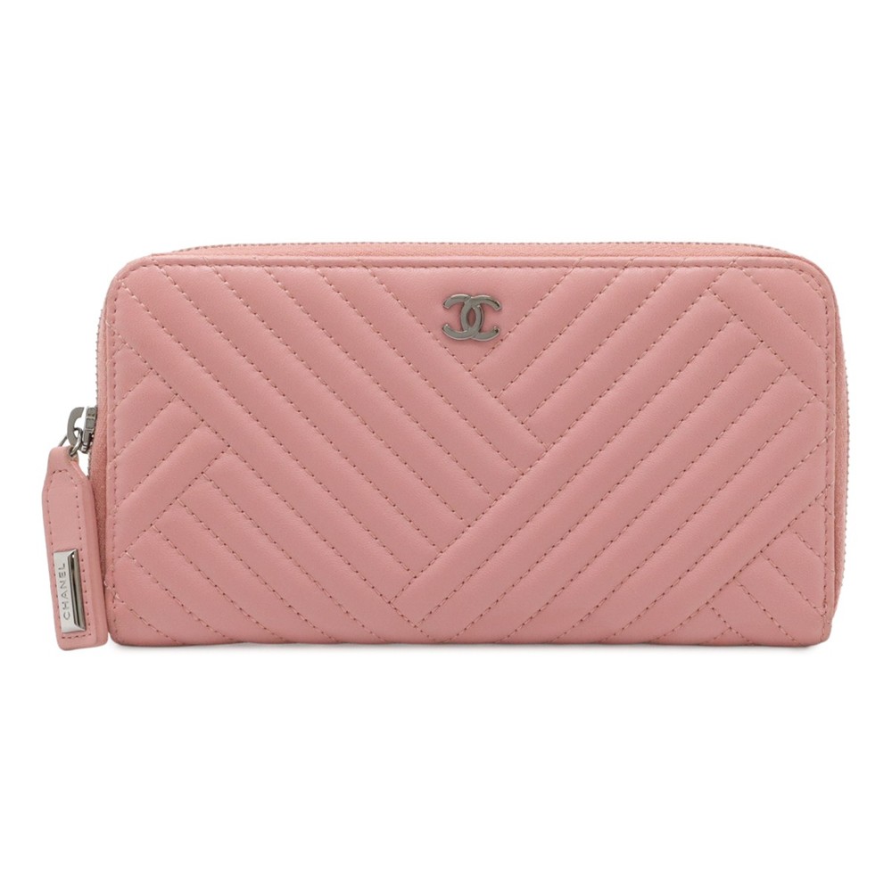 CHANEL V Stitch Quilted Lambskin Leather Round Zip Wallet with Coco Mark 578715