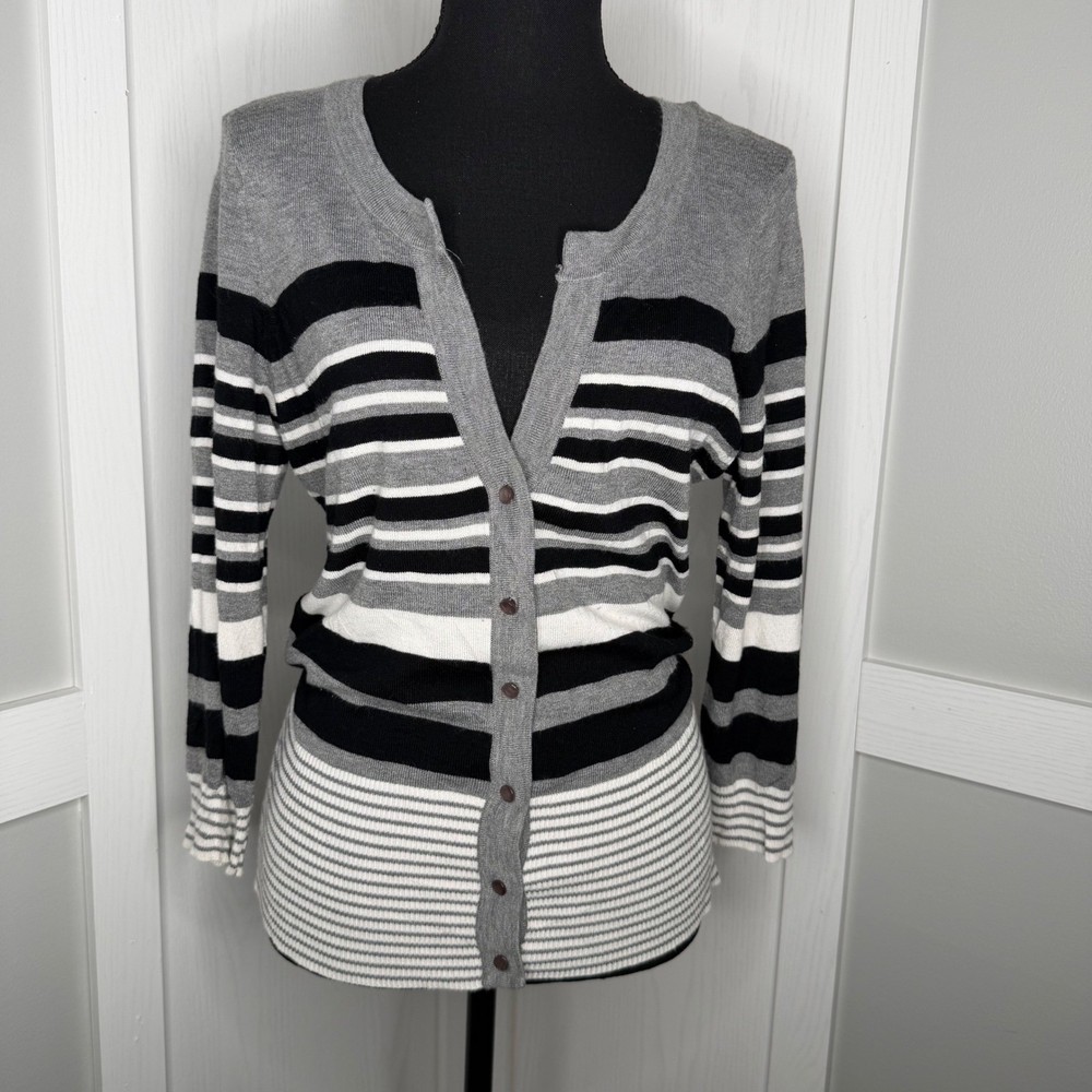 Cyrus Striped Cardigan Sweater Womens Size M Grey Black White Button Up