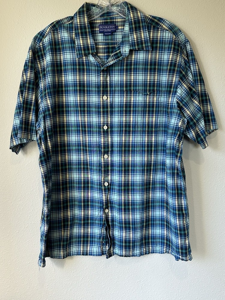 Men’s Pendleton Short Sleeve Shirt Blue Plaid Outdoors Size XL