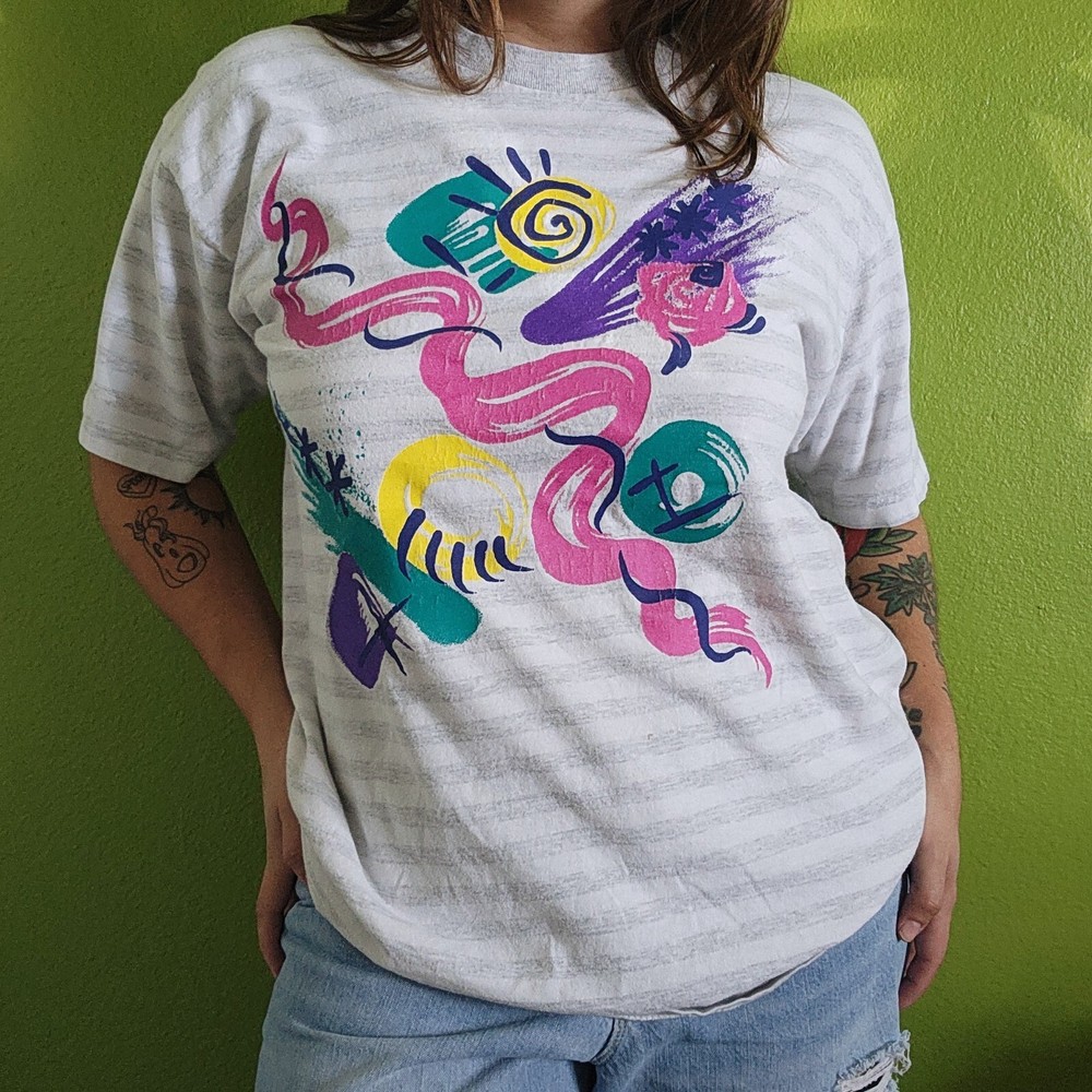 Vintage Womens The Body Co. Striped Grey 90s Abstract Graphics T-Shirt Medium-image