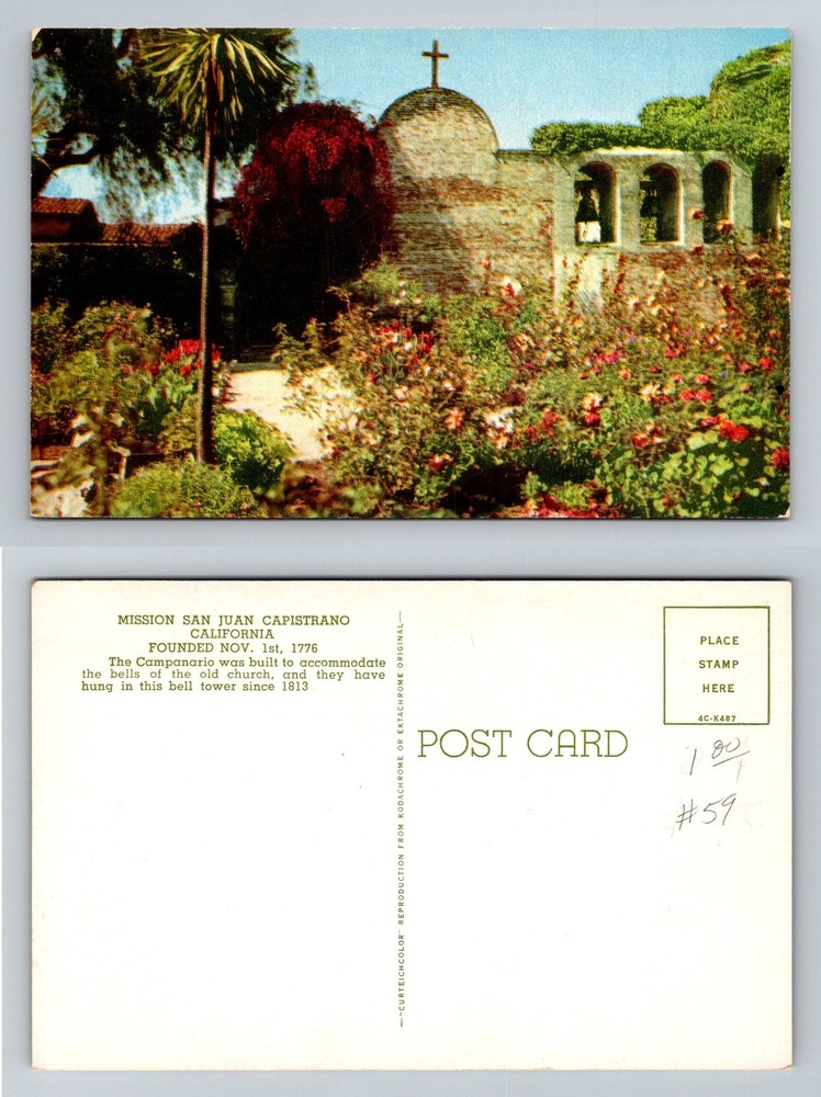 San Juan Capistrano CA-California, Mission Bell Tower Garden Vintage Postcard