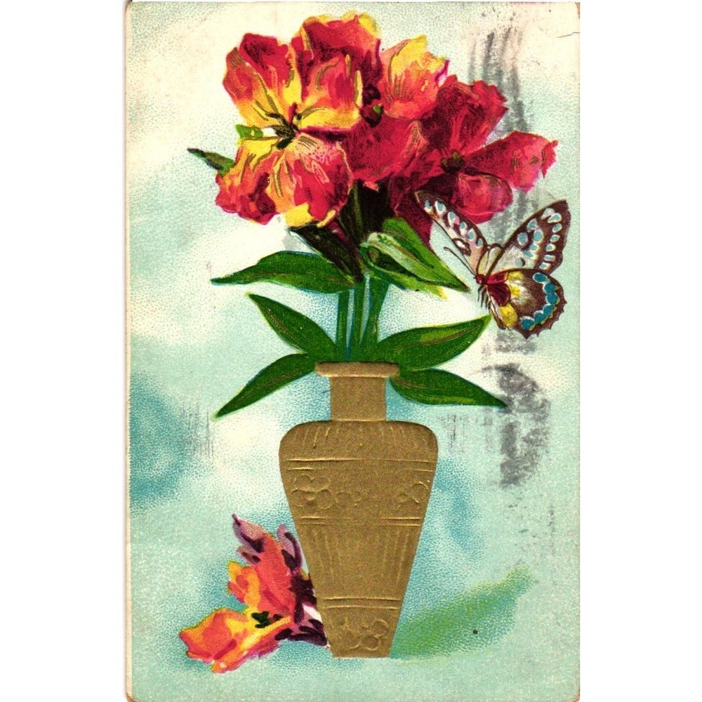 Antique 1911 Embossed Floral Postcard Gold Vase Butterfly Cumberland MD Postmark