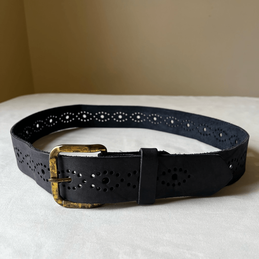 Vintage Laser Cut Wide Leather Belt Black with Brass Buckle 90s Indie Grunge 34