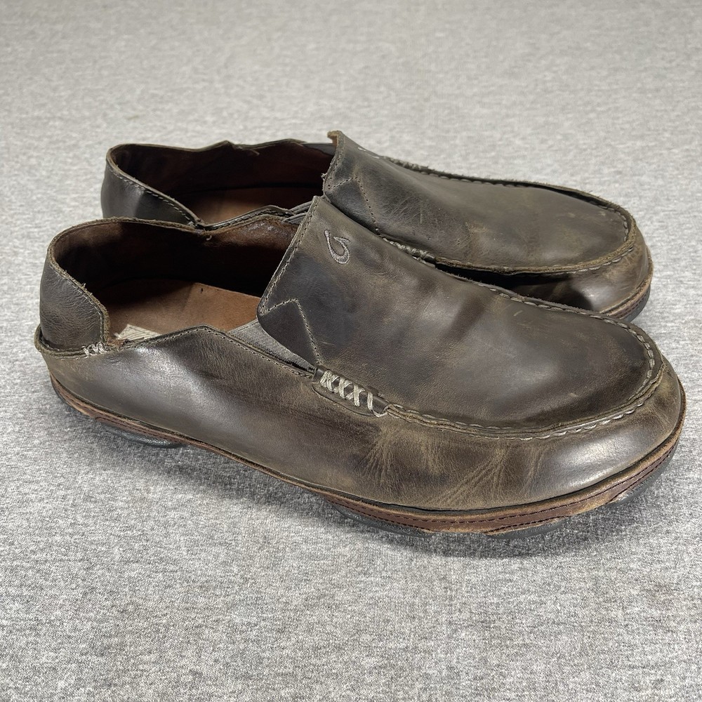 OluKai Moloa Shoes Mens 10 Brown Leather Slip On Loafers Casual Comfort