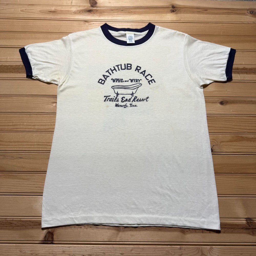 Vintage 70s Bathtub Race Trails End Resort Waverly TN Ringer T-Shirt USA - Large