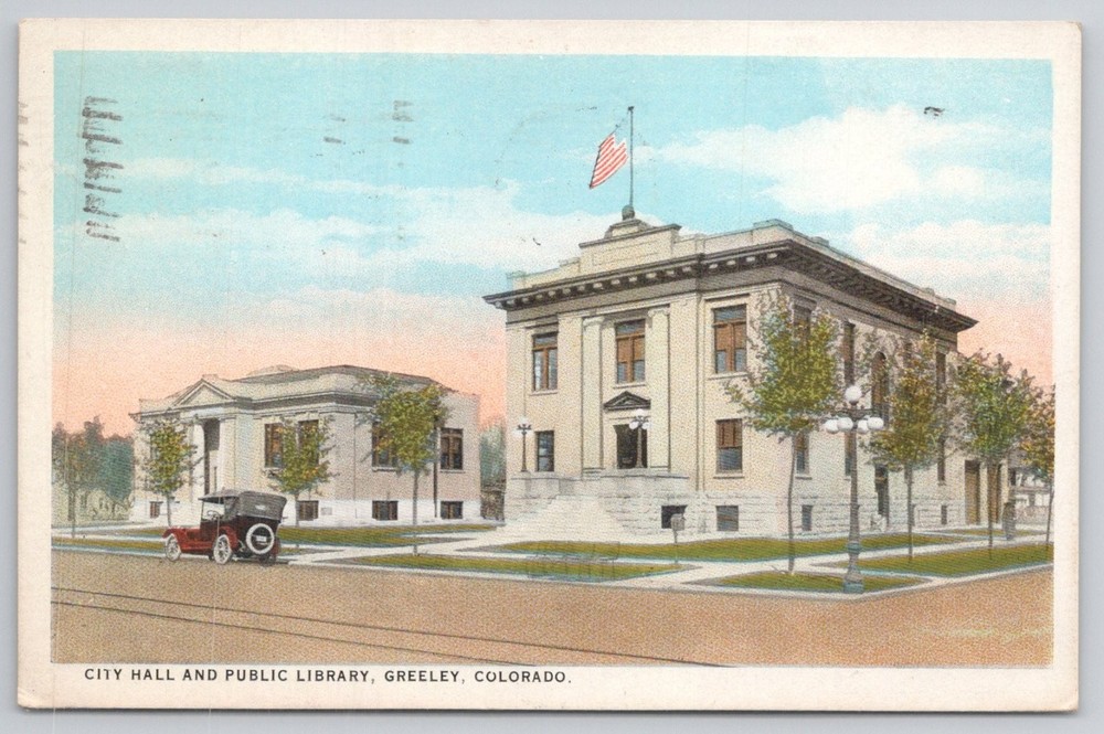 1929 Greeley CO City Hall Public Library Vintage Car Postcard Colorado