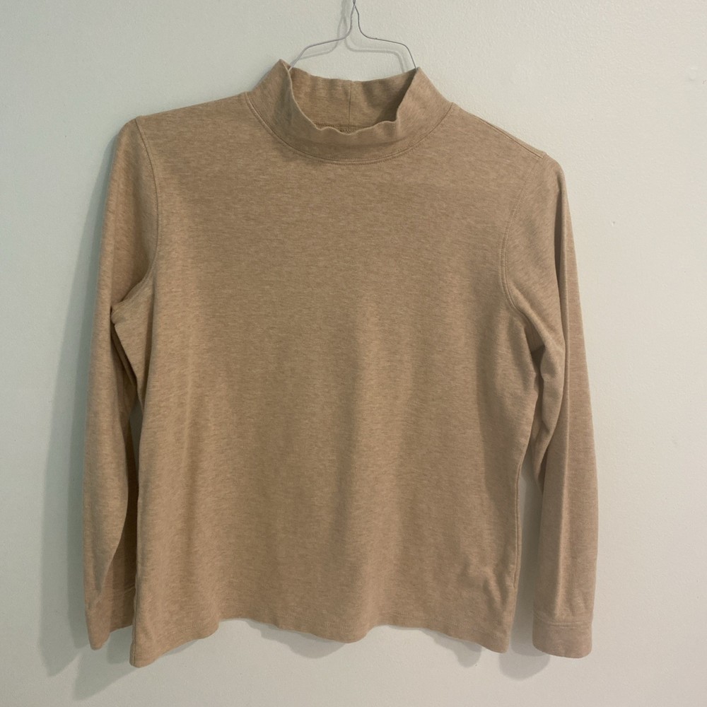 L L Bean Sand Beige Mock Neck Long Sleeve Shirt 100% Cotton Size Medium