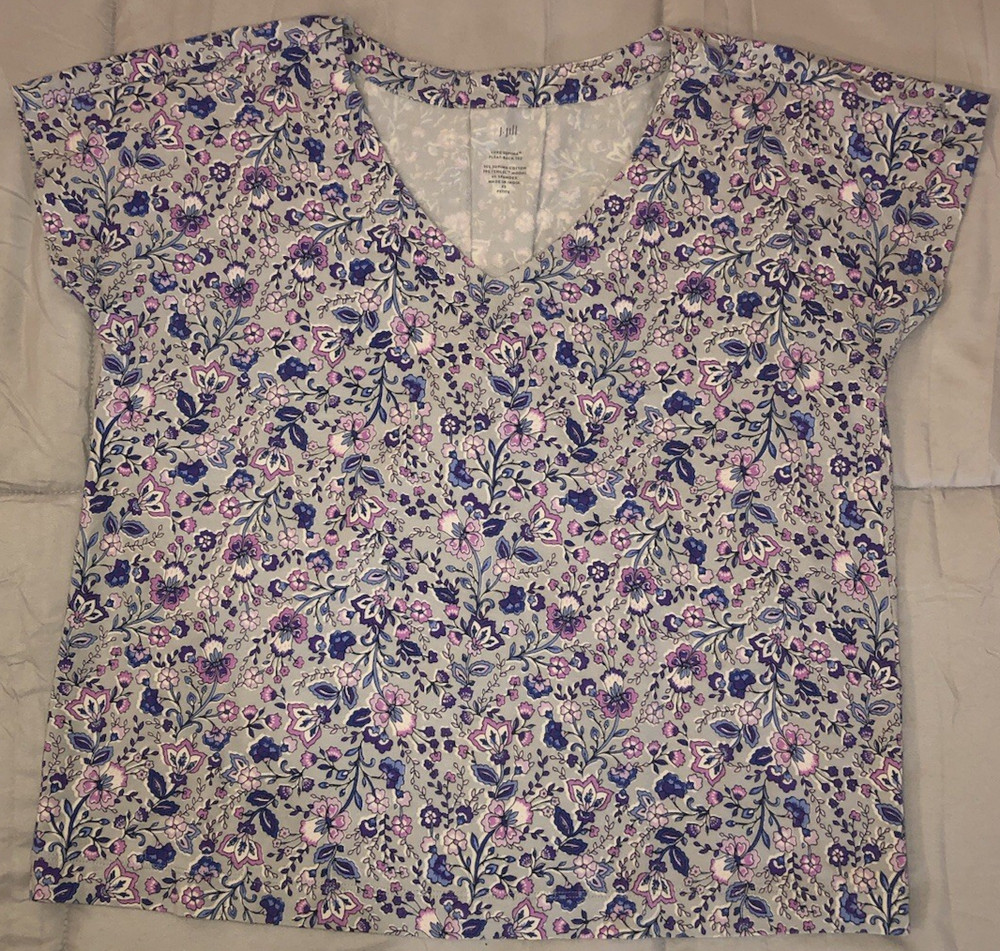 J. Jill Floral Luxe Supima Pleated Back Tee V-Neck Top Cap Slv Purple/Blue XSP