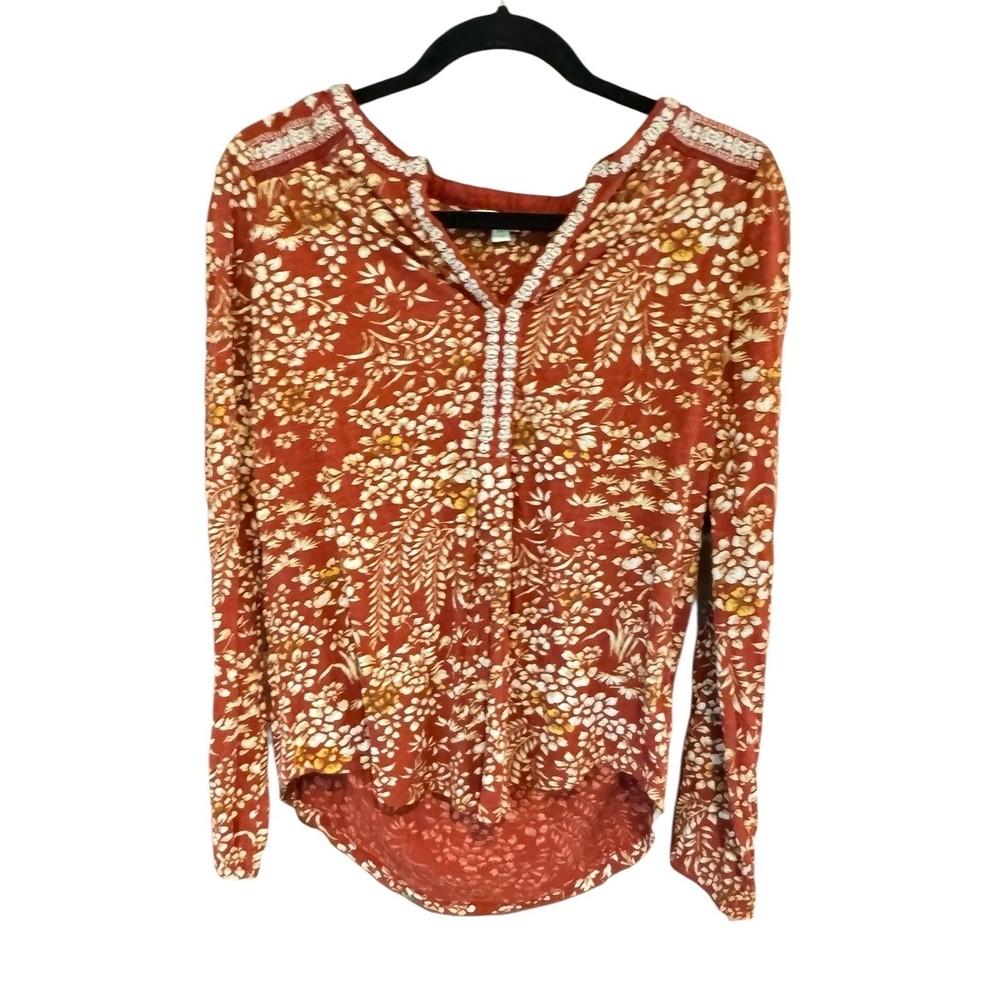 Lucky Brand Womens Rust Floral Embroidered Henley Long Sleeve Top Medium M