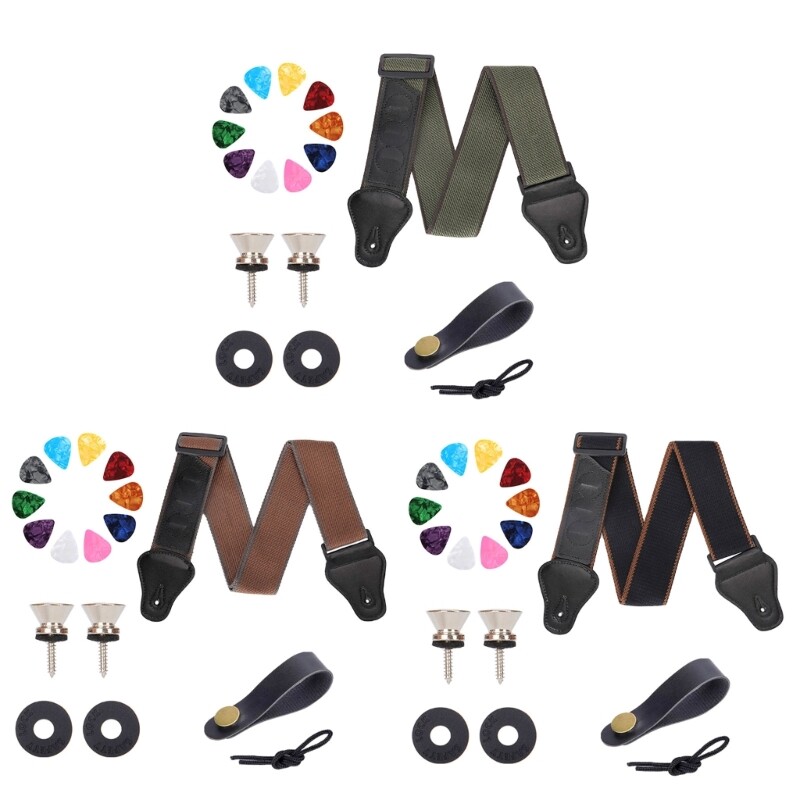 Embroidered Guitar Strap Set with Picks & Metal End Pins for Bass