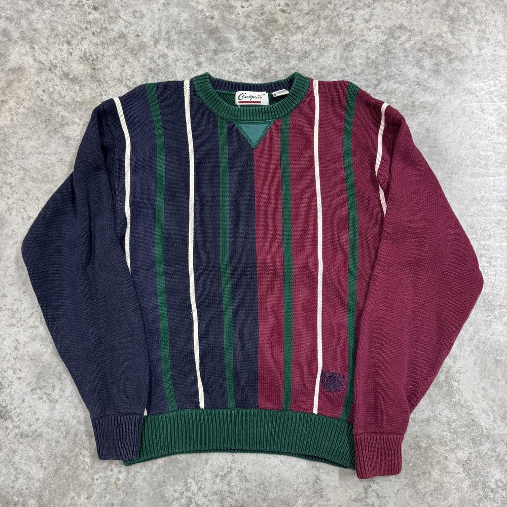 Vintage Checkpoint Sweater Mens Medium Green Navy Striped color block 90s cotton