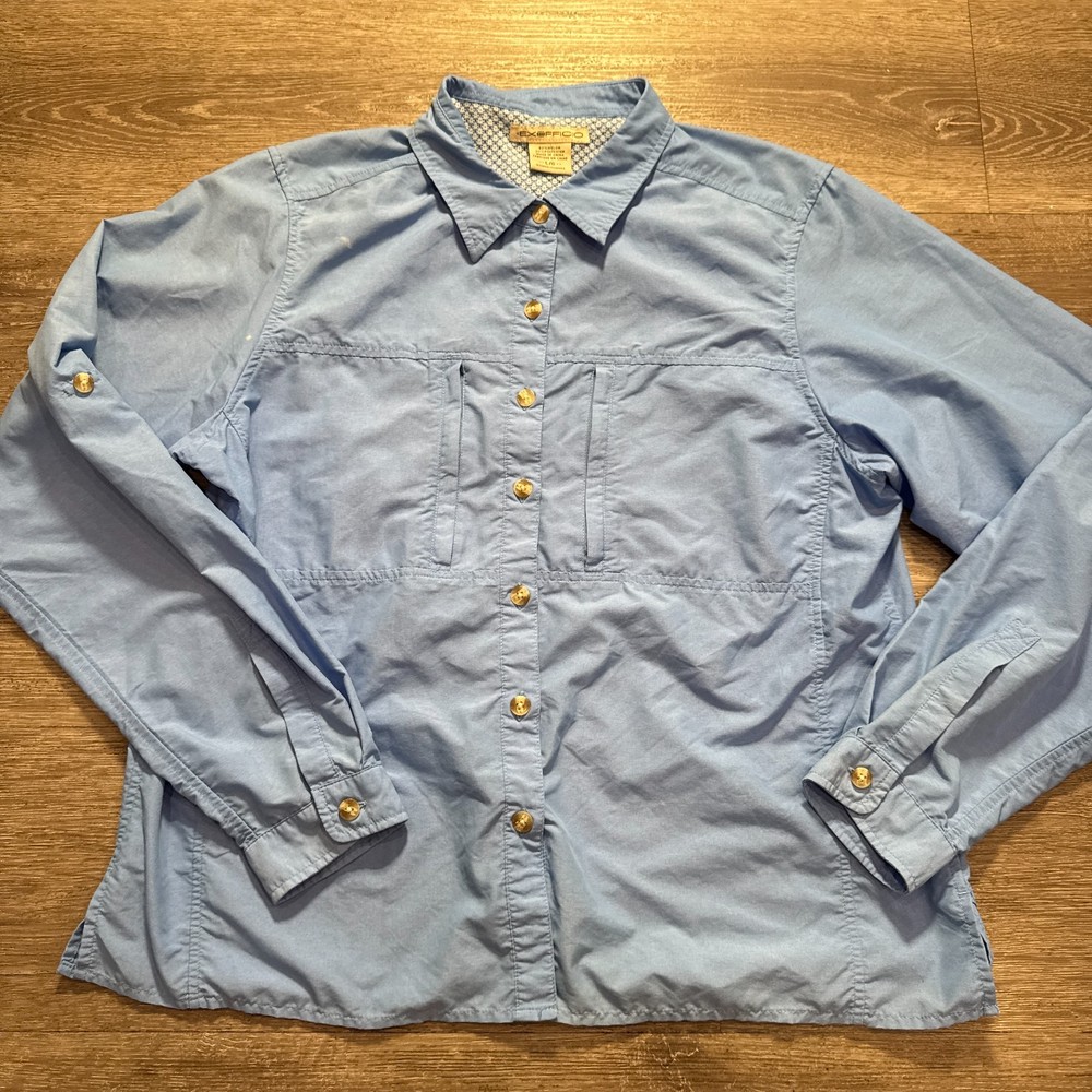 Exofficio Shirt Womans Large Blue Button Up Roll Tab Vented Nylon Gorpcore Adult