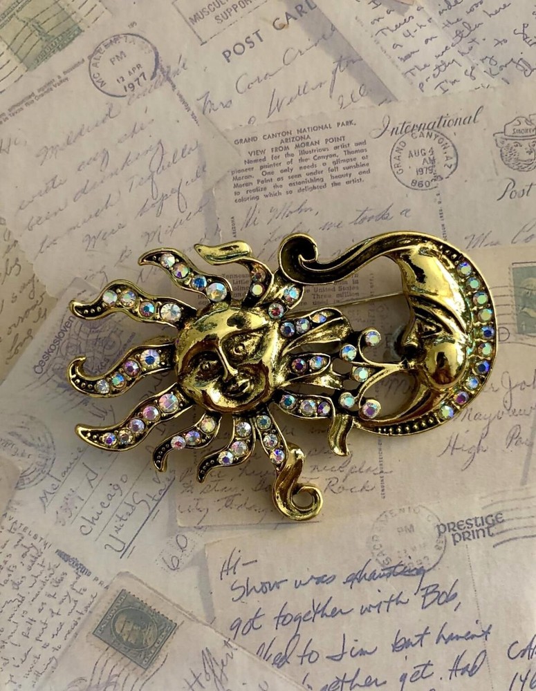 Sun & Moon Sparkle Pin - Shiny Gold Cosmic Brooch with Rhinestones