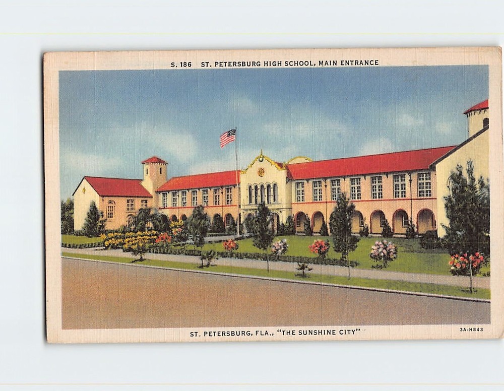 Postcard St Petersburg High School Main Entrance Florida The Sunshine City USA