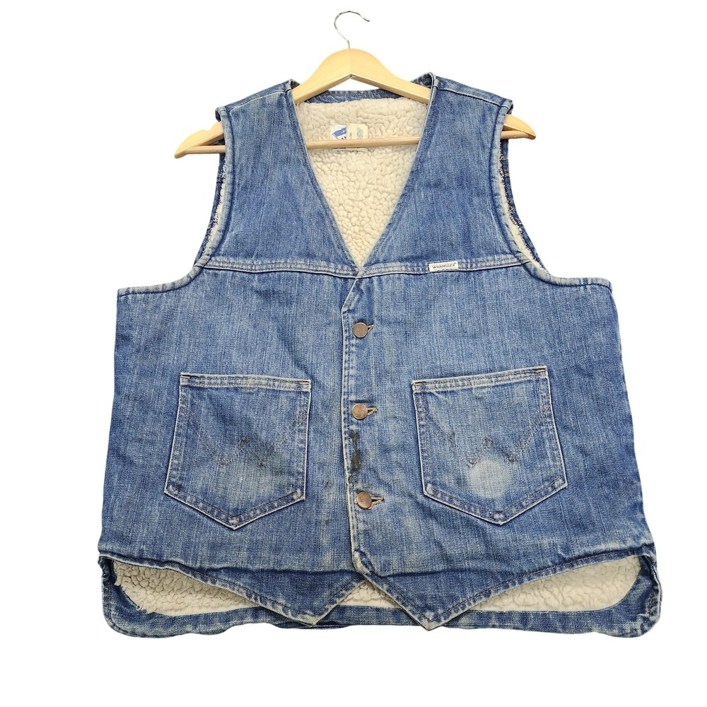 Vintage 60's Wrangler Vest Mens Lg Blue Denim Sherpa Lined Button Workwear USA