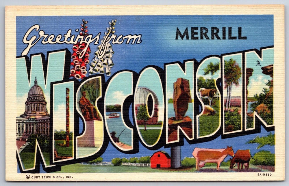 Greetings From Merrill Wisconsin~Multi-View~Vintage Large Letter Linen Postcard