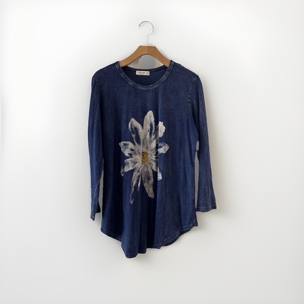 Jess & Jane Floral Daisy Tunic Top Blue Mineral Wash L Shirt 3/4 Sleeve USA