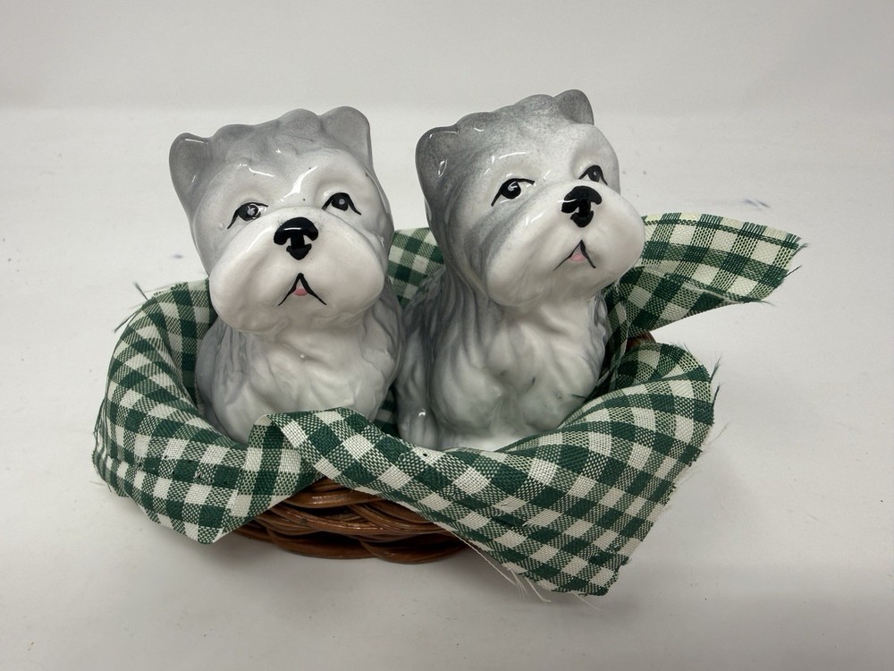 Vintage Terrier Dog Salt and Pepper Shakers in Basket Green Check Ceramic