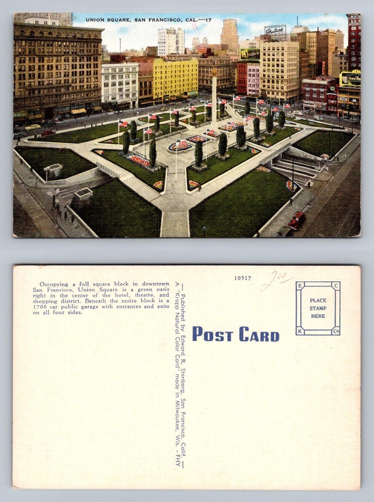 San Francisco, CA-California, Union Square Downtown Park Vintage Postcard