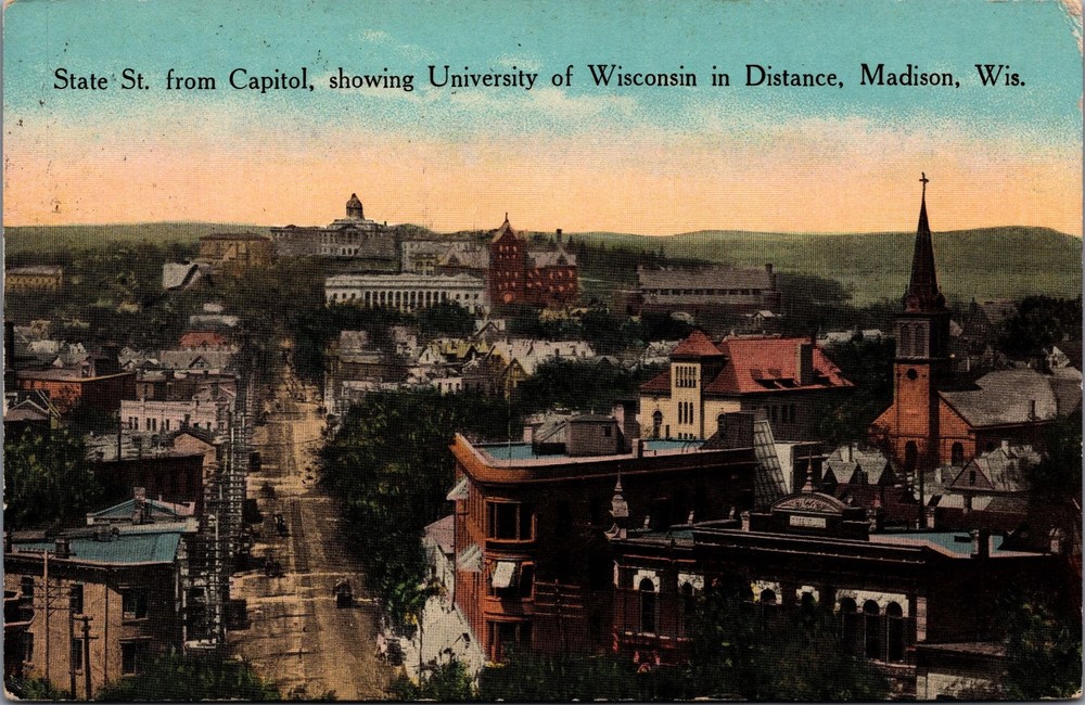 1915 Madison WI State Street Capitol University Wisconsin Postcard