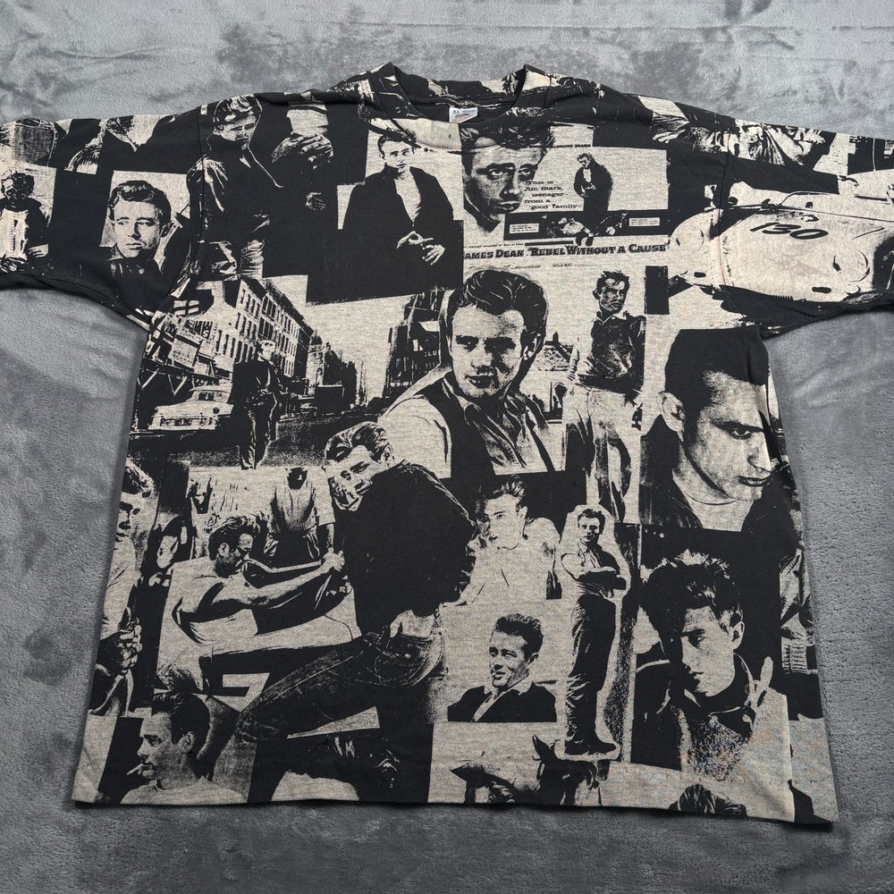 Vintage Fruit Of The Loom T-Shirt Adult XL Black Retro James Dean All Over Print