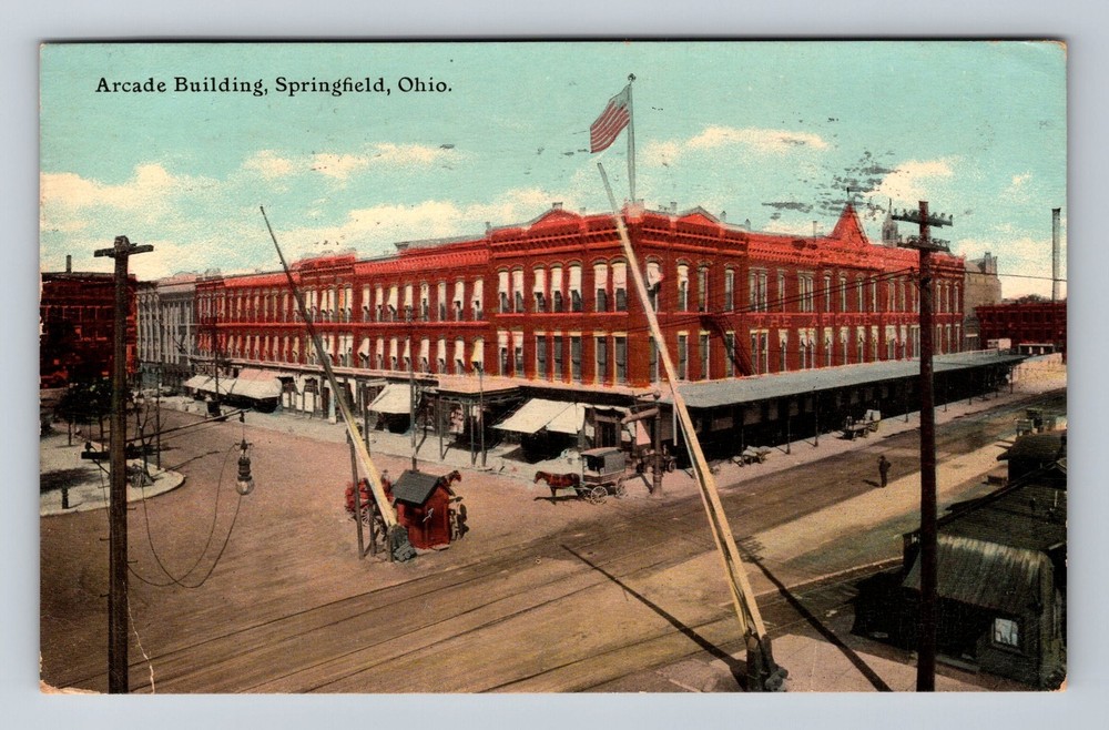 Springfield, OH-Ohio, Arcade Building Scene Street View Vintage c1911 Postcard