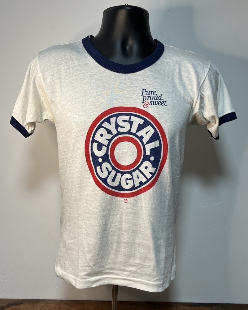 Vintage 80’s White Blue Crystal Sugar Ringer Champion  Shirt Size Medium