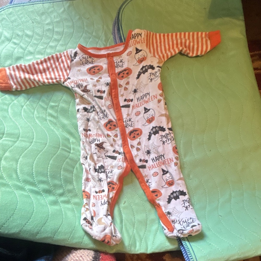 Orange White Halloween Print One-Piece Coverall Long Sleeve Bat Pumpkin Bodysuit