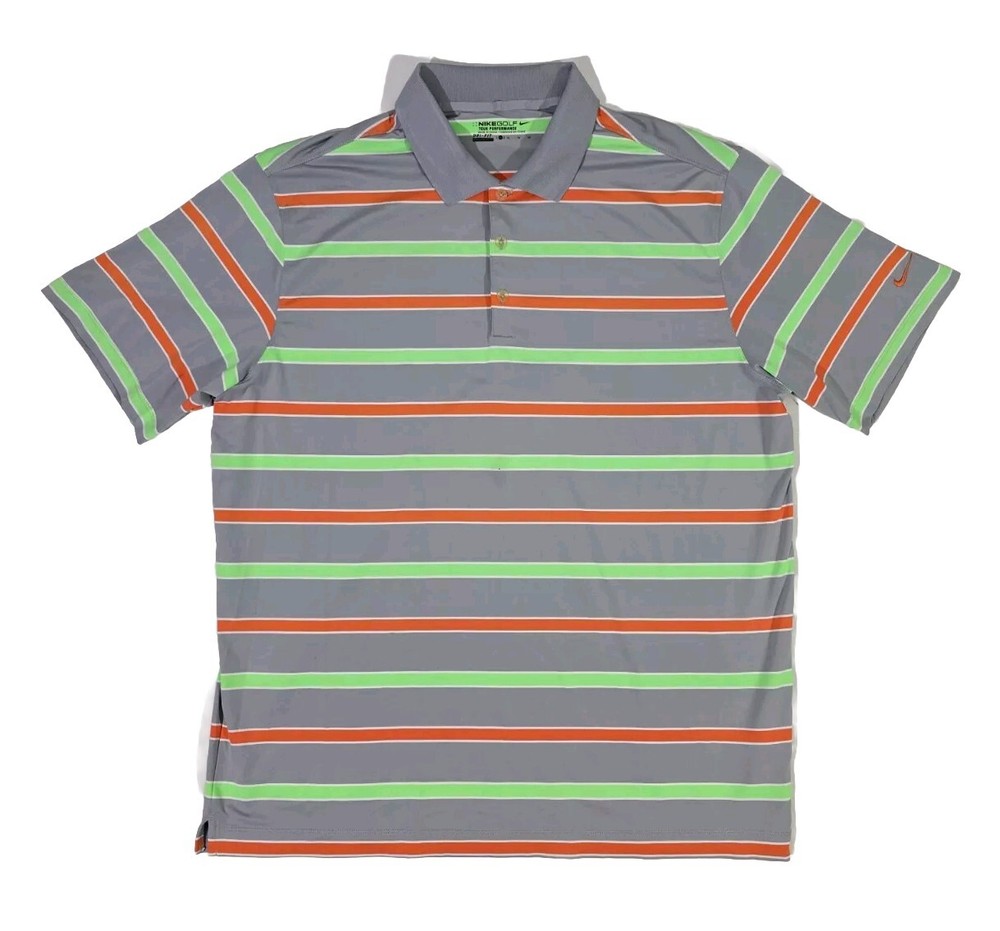 Nike Golf Tour Performance Gray Green Orange Strip Polo Shirt Men's XL Dri-Fit