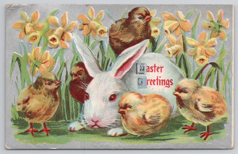 Antique Easter Greetings Postcard Rabbit Chicks Daffodils Posted 1907 Illinois