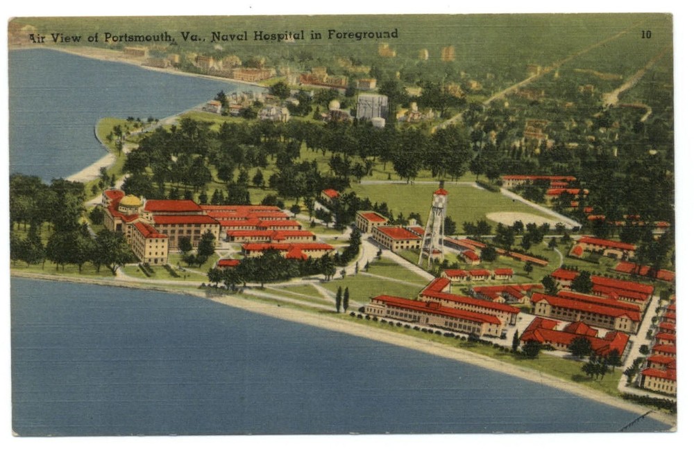 Portsmouth Virginia aerial ~ Naval Hospital water tower ~ 1940s linen postcard