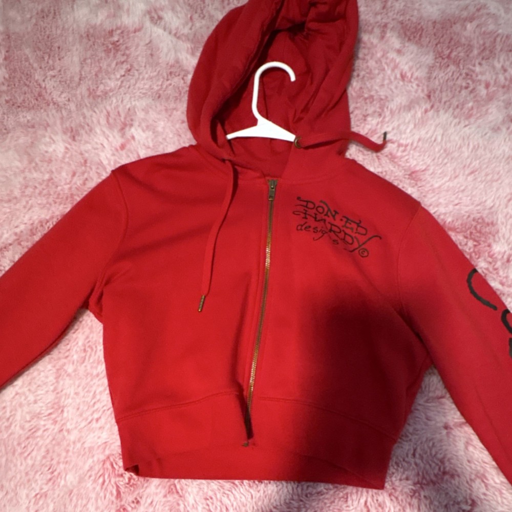 Ed Hardy Tattoo Red Full Zip cropped Cotton Hoodie Women's L Panther Graphic