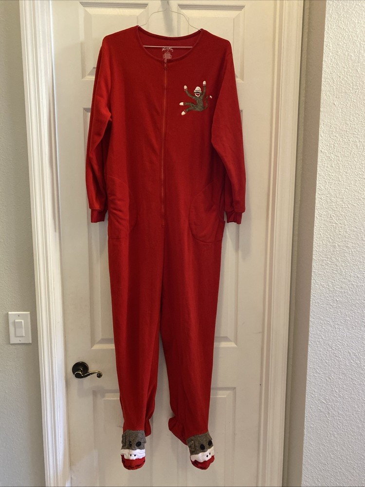Nick & Nora Red Sock Monkey Zip Up One Piece Fleece Footed Pajamas Size XL