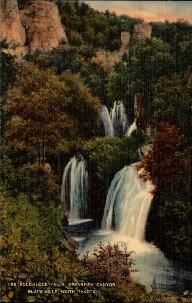 Roughlock Falls Spearfish Canyon Black Hills South Dakota ~ 1940s linen postcard